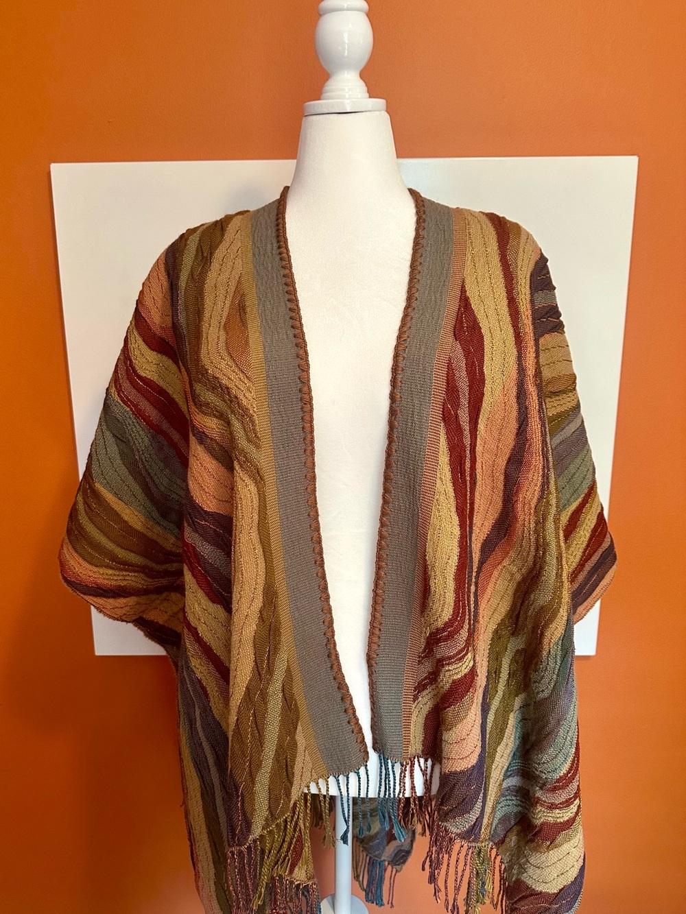 Rhonda Stark Made in Italy Fringe Wrap Poncho Earth Tone Southwestern OS